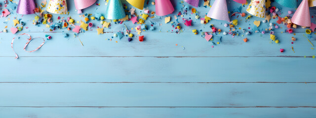 Group of colorful festive party hats on blue wood background. Backdrop for birthday, anniversary, celebration or other events. Children party decorations. Created with generative Ai