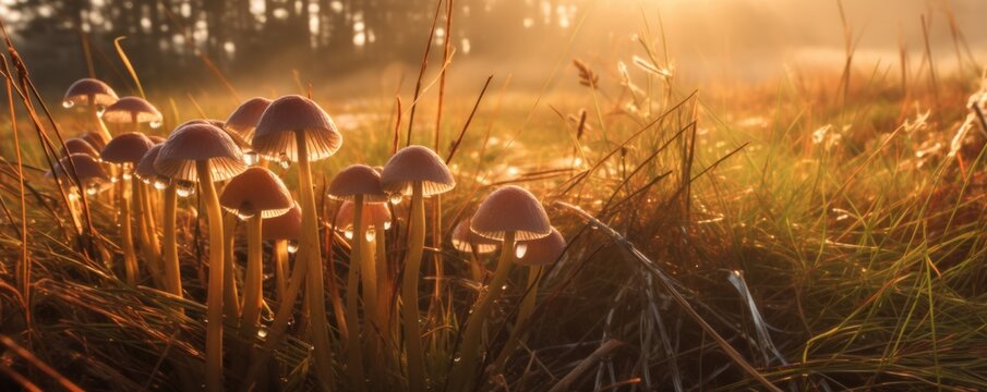 Psilocybe Cubensis Golden Ticher Mushrooms in Grass at Sunrise