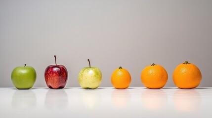 Orange, apple and grapefruit in a row on a gray background with copy space
