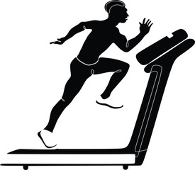 Vector line drawing of a man running on a treadmill in black and white colors