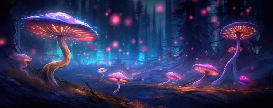 Neon Dreamlike Magic Mushroom Forest at Night
