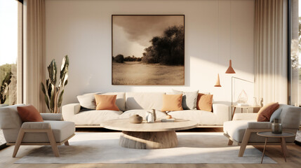 Stylish Living Room Interior with an Abstract Frame Poster, Modern interior design, 3D render, 3D illustration