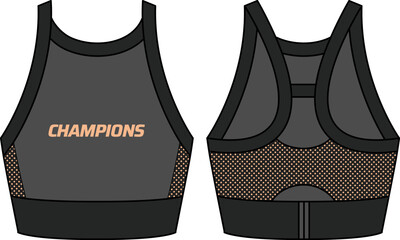 Women Sports bra support top active sports Jersey design flat sketch fashion Illustration suitable for girls and Ladies, Vest for Swim, yoga, gym, running and sports activity - obrazy, fototapety, plakaty