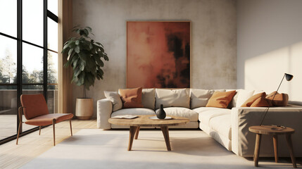 Stylish Living Room Interior with an Abstract Frame Poster, Modern interior design, 3D render, 3D illustration