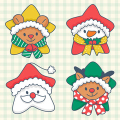 Collection of cookies with star shape and cute face animal vector