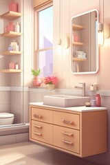 Naklejka na ściany i meble The bathroom has a modern sink and elegant lighting. (Illustration, Generative AI)