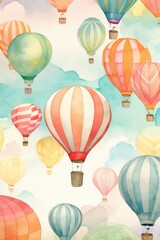 Hot air balloons in colorful watercolor. (Illustration, Generative AI)