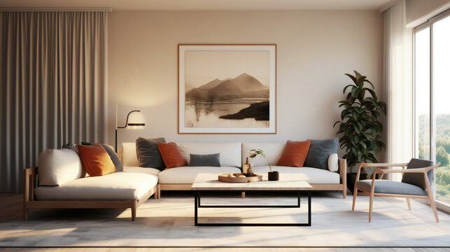 Stylish Living Room Interior with an Abstract Frame Poster, Modern interior design, 3D render, 3D illustration