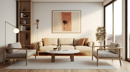 Fototapeta na wymiar Stylish Living Room Interior with an Abstract Frame Poster, Modern interior design, 3D render, 3D illustration