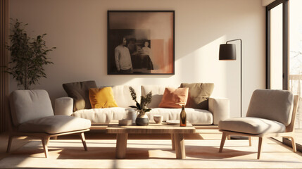 Stylish Living Room Interior with an Abstract Frame Poster, Modern interior design, 3D render, 3D illustration