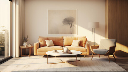 Stylish Living Room Interior with an Abstract Frame Poster, Modern interior design, 3D render, 3D illustration