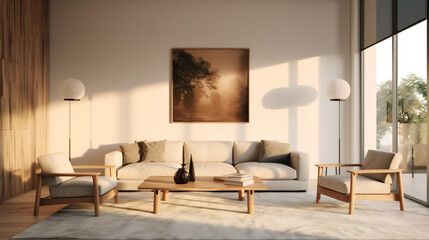 Stylish Living Room Interior with an Abstract Frame Poster, Modern interior design, 3D render, 3D illustration