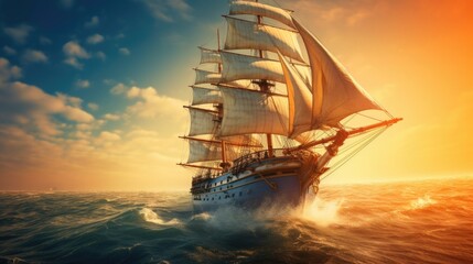 Fototapeta na wymiar Majestic Old-Time Sailing Ship on the Open Sea