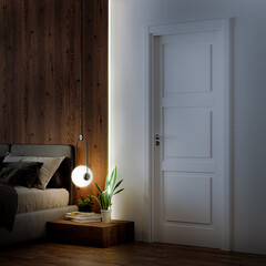 modern bedroom with door and wooden floor, bed with wooden bedhead and bedside table with hanging light , white door with carpet interior design concept , 3d illustration
