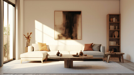 Stylish Living Room Interior with an Abstract Frame Poster, Modern interior design, 3D render, 3D illustration