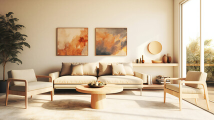 Stylish Living Room Interior with an Abstract Frame Poster, Modern interior design, 3D render, 3D illustration