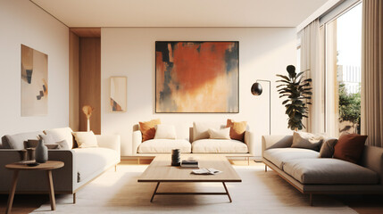 Stylish Living Room Interior with an Abstract Frame Poster, Modern interior design, 3D render, 3D illustration