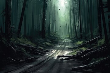 A deserted road through a dark forest was generated. (Illustration, Generative AI)