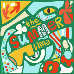A bright, abstract summer poster with text. "Summer time", hand drawn. Shapes, circles, stripes, dots, blots