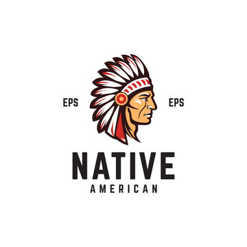 Native American chief head logo symbol icon, vector, red indian warrior face, illustration