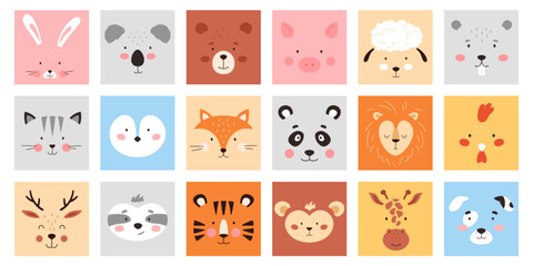Cute square animal faces set vector illustration. Cartoon isolated farm and wild animal or bird portrait collection for trendy mobile games design, heads and funny muzzles of baby kawaii characters
