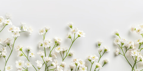 Obraz na płótnie Canvas Small white gypsophila flowers on white background. Women's Day, Mother's Day, Valentine's Day, Wedding concept. Flat lay. Top view. Copy space