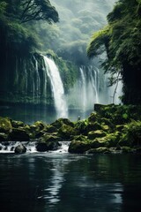 A tranquil scene of a misty waterfall surrounded by lush greenery. Generative AI.