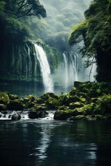 Fototapeta premium A tranquil scene of a misty waterfall surrounded by lush greenery. Generative AI.