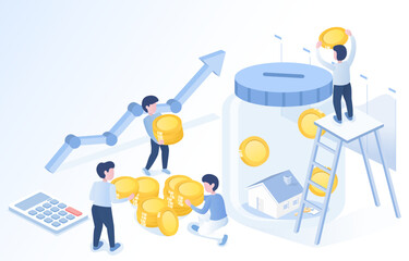 The concept of saving money to buy a house. Elements of financial deposit, investment, asset growth, planning, stability, wealth and earning income to achieve own home. Isometric vector illustration.