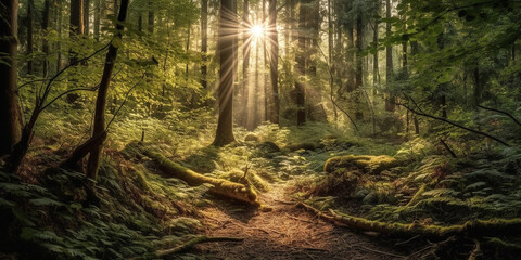 Obraz premium Sunbeams and light morning mist in summer dense deciduous forest. Generative AI
