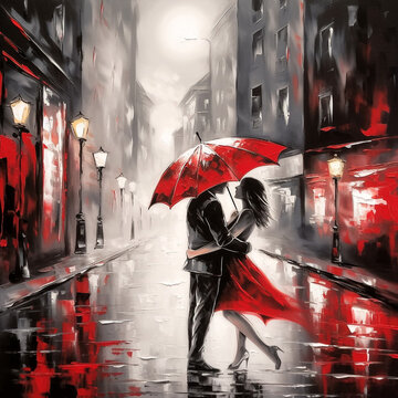 A painted image of a romantic couple in love under a red umbrella and against the backdrop of the architecture of a medieval European city. Generative AI
