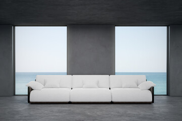 Concrete room with sofa. 3d rendering of interior space with sea and sky background.