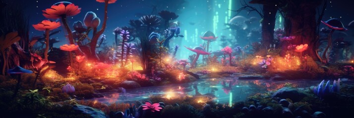 Colorful Neon Light Tropical Jungle Plants in a Dreamlike and Surreal Setting
