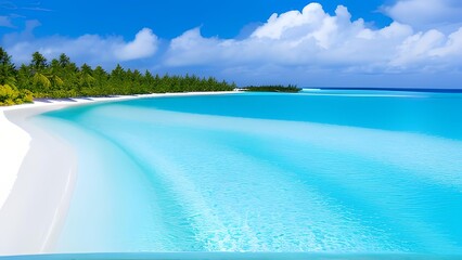 Fototapeta na wymiar AI-generated content of Beautiful sandy beach with white sand and rolling calm wave of turquoise ocean on Sunny day on background white clouds in blue sky. Island in Maldives, colorful perfect panoram