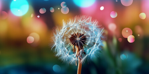 Pusteblume Löwenzahn mit einem Bokeh Licht im Hintergrund Nahaufnahme, ai generativ
