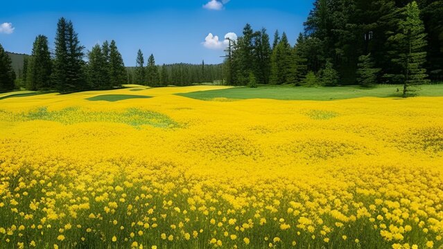 AI-generated content of Cheerful buoyant spring summer shot of yellow Santolina flowers and butterflies in meadow in nature outdoors on bright sunny day, macro. Soft selective focus.
