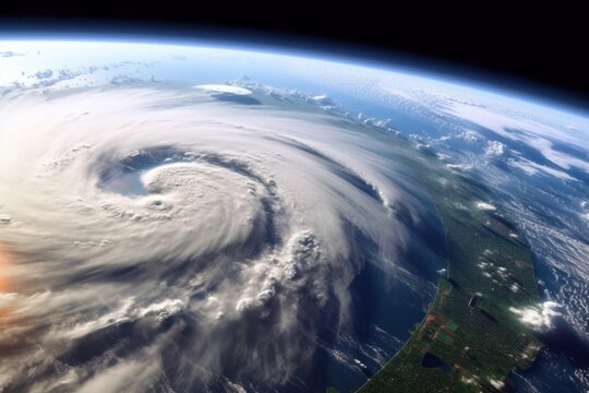 Space view of Hurricane American Ian in the US state of Florida. Shows the effects of climate change on cities.