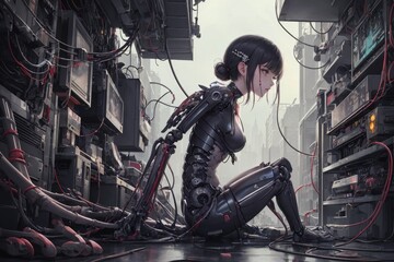 Fototapeta na wymiar Birth of a Cyberpunk Cyborg: Anime Girl in Futuristic World