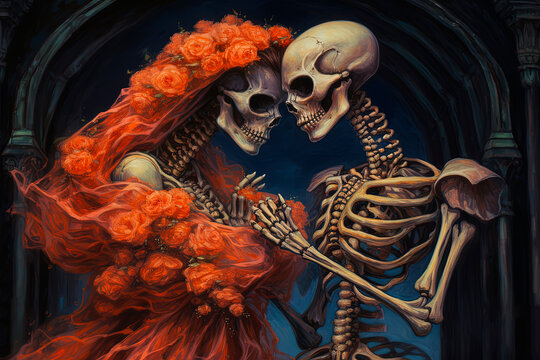 A couple of skeletons standing next to each other. Generative AI