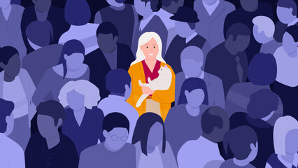 Happy girl in crowd vector illustration. Cartoon satisfied woman with smile on face holding cute cat, depressed sad faceless adult characters around, indifference and loneliness of unhappy society - obrazy, fototapety, plakaty