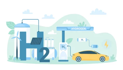 Fotobehang Refueling with green hydrogen fuel of eco friendly car at station, industrial infographic vector illustration. Cartoon vehicle with H2 or hybrid engine charging with energy from sustainable sources © Flash concept