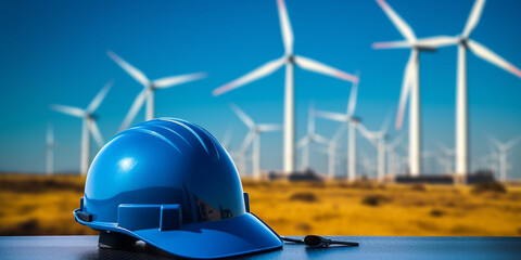 Windkraftanlage in Hintergrund mit Sicherheit Bau Helm blau, ai generativ