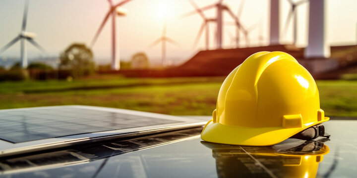 Windkraftanlage in Hintergrund mit Sicherheit Bau Helm blau, ai generativ