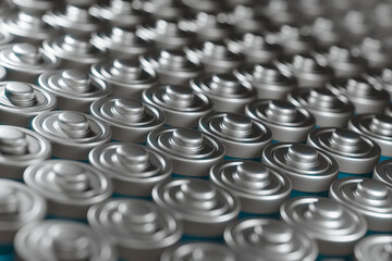 3d render Pile of lithium batteries ordered with blue charging level closeup view. illustration 3d rendering of electrical energy and power supply source background concept.