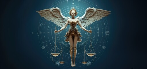 Cyborg Angel of Justice with Scales and Astrological Symbols
