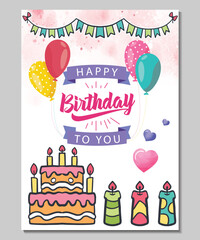 birthday card with balloons, cake, candles, hearts and calm white background