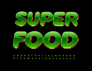Vector advertising Sign Super Food. Chic Green Font. Modern Alphabet Letters and Numbers