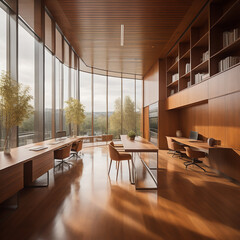 A Modern Office Hall Bathed in Earthy Tones of Caramel and Mahogany, with Towering Windows that Embrace Nature