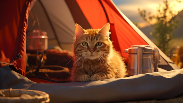 A cute little orange cat who likes to sit in front of a tent, when camping on weekends. and spend free time to fully relax in nature. Generative ai