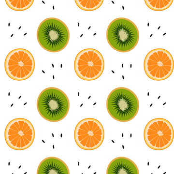 pattern of a illustration of a kiwi and orange fruit. Lines art tropical kiwi fruit